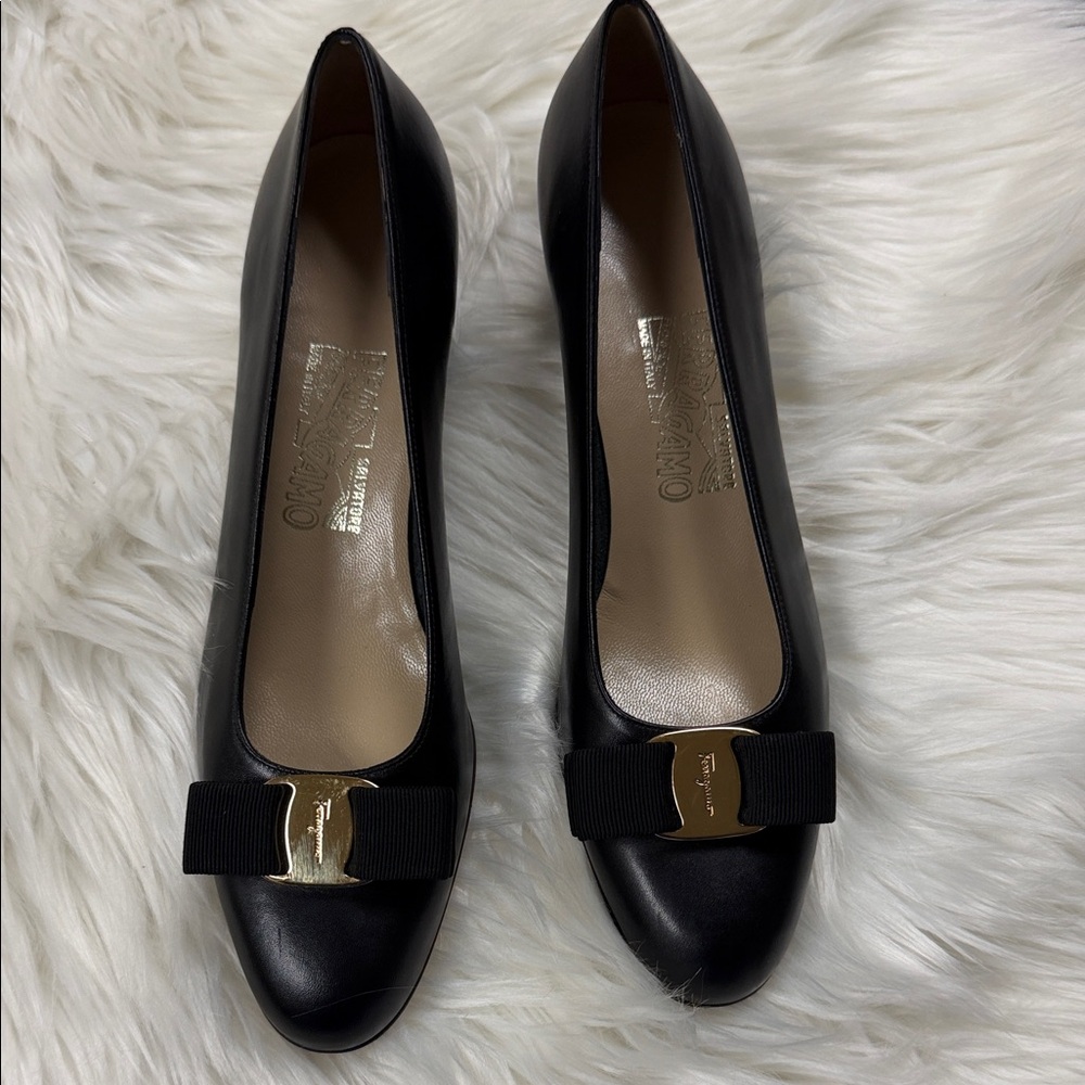 Salvatore Ferragamo Black Heels with Gold Buckle